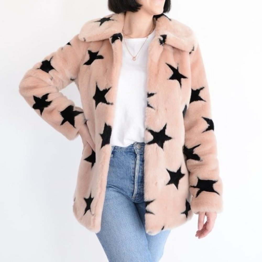 Avec Les Filles Pink-y Cream with Black Stars Button Coat  XSmall